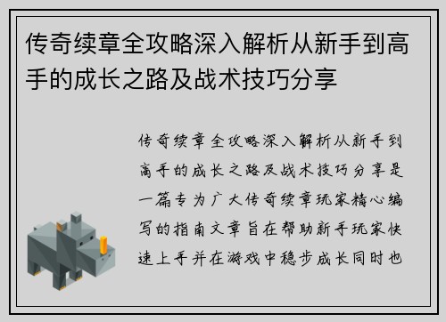 传奇续章全攻略深入解析从新手到高手的成长之路及战术技巧分享